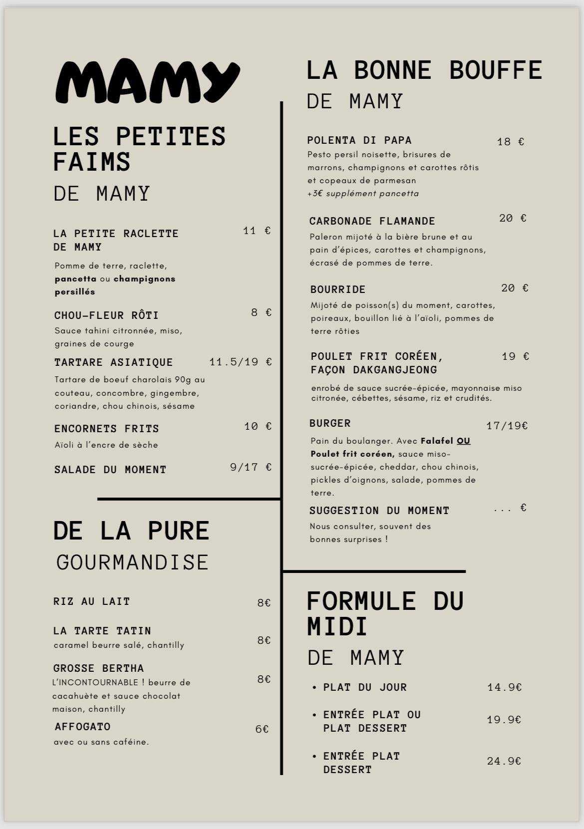 Menu de MAMY, Restaurant & Bar