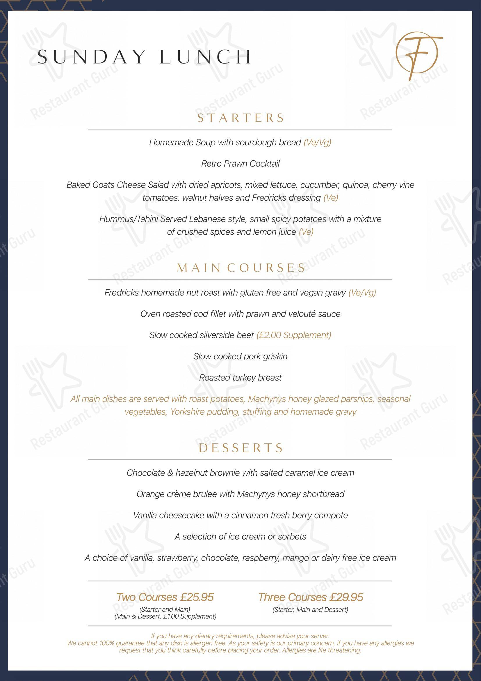 Menu at Fredricks Bar & Brasserie, Llanelli