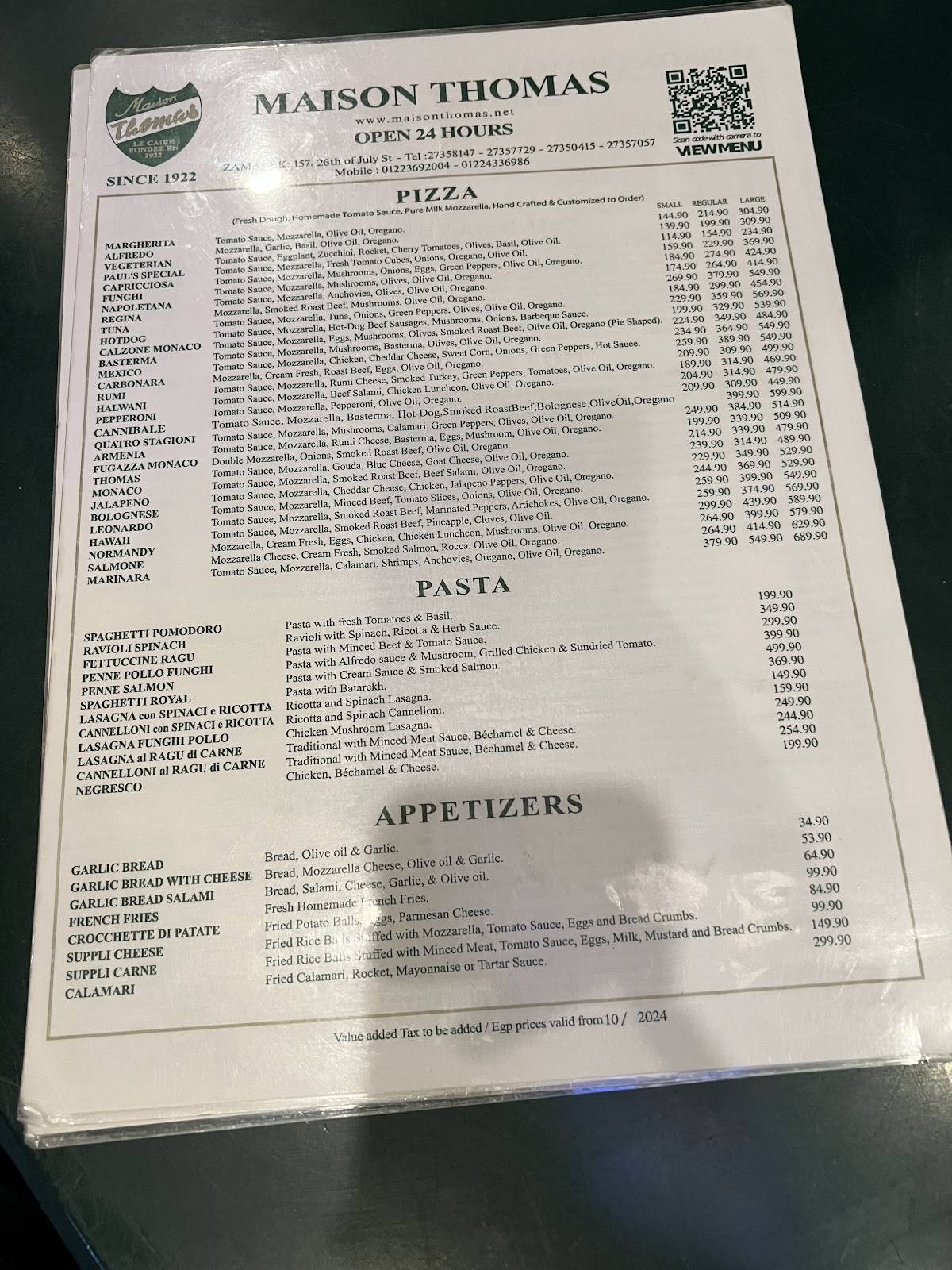 Menu de Maison Thomas - Zamalek