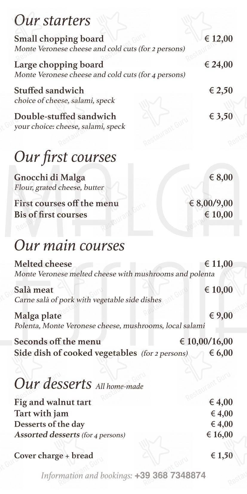 Malga Lessinia in Erbezzo - Menu