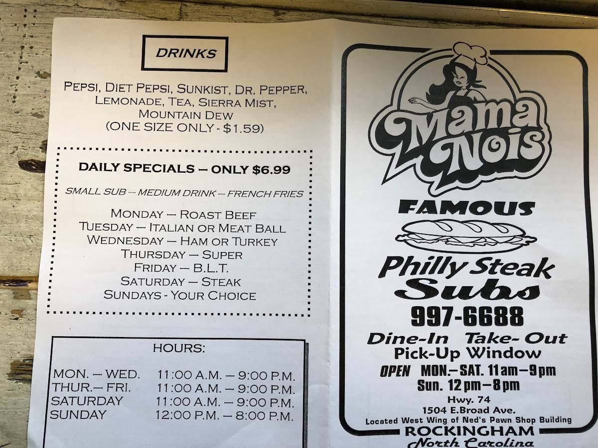 Menu at Mama Noi's Famous Hot Subs restaurant, Rockingham