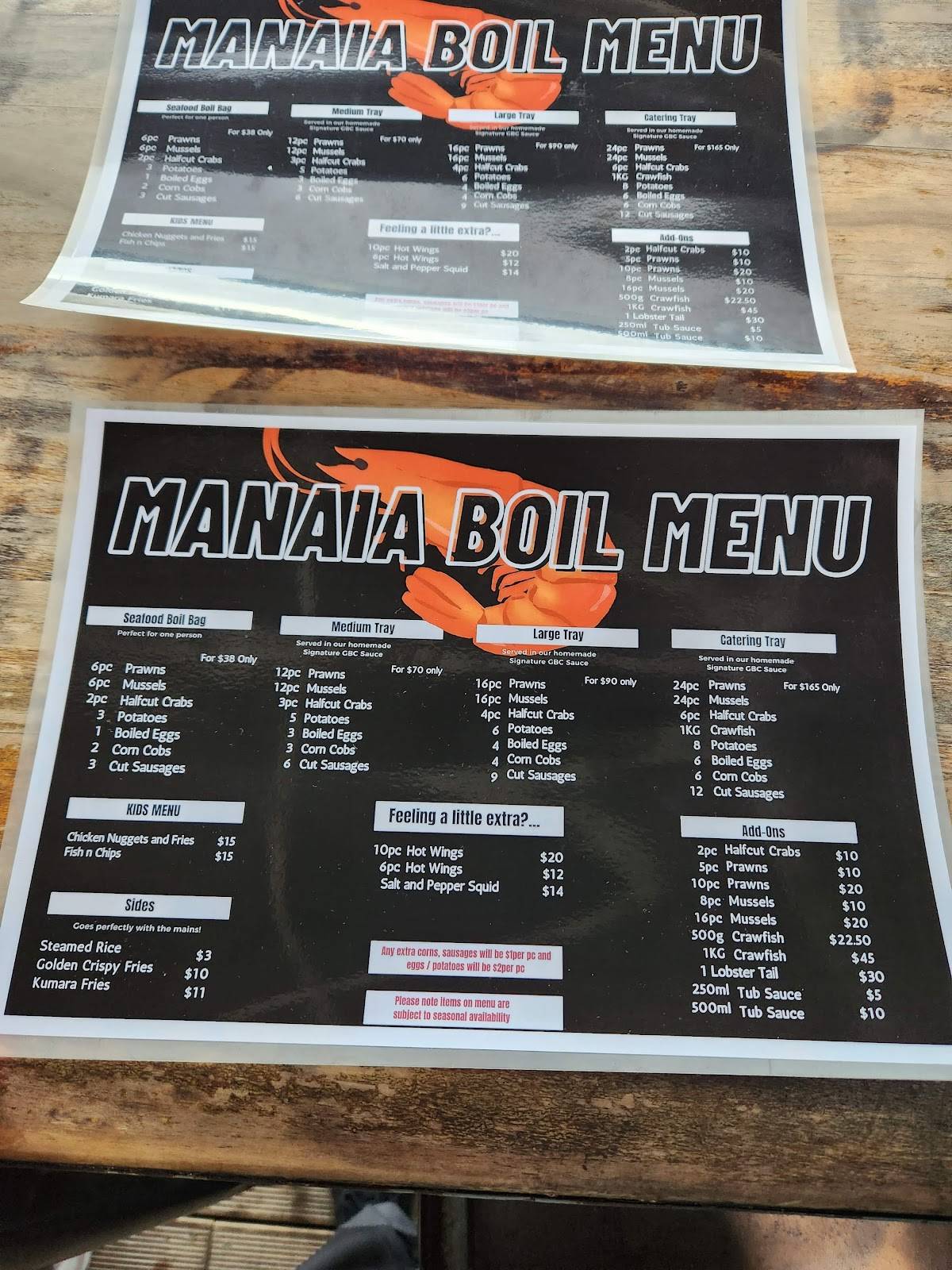 Menu at Manaia Seafood Boil restaurant, Auckland