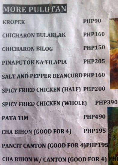 Mang Rudy's Tuna Grill & Papaitan menu