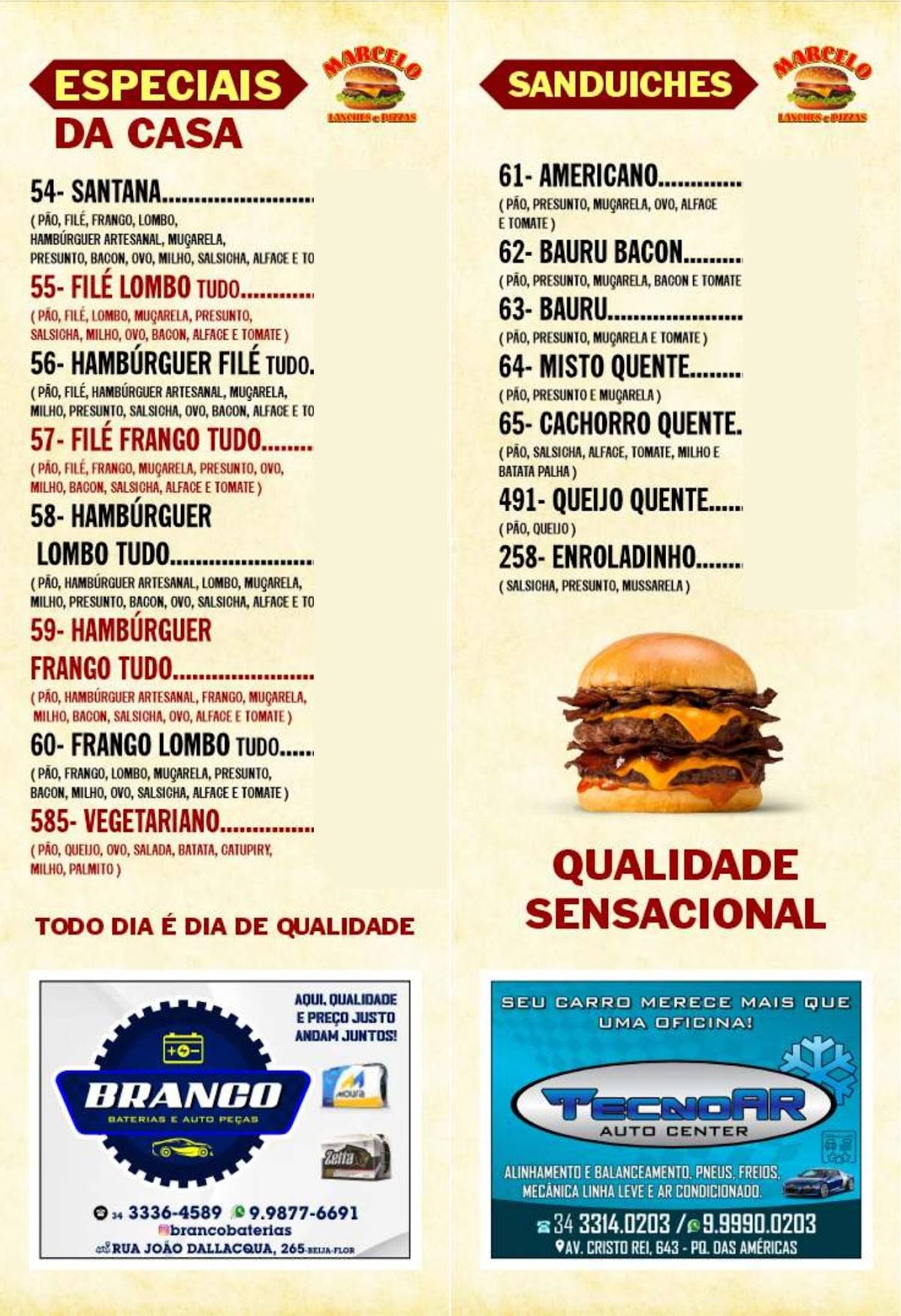 Marcelo Lanches Hamburgueria e Pizzaria cardápio