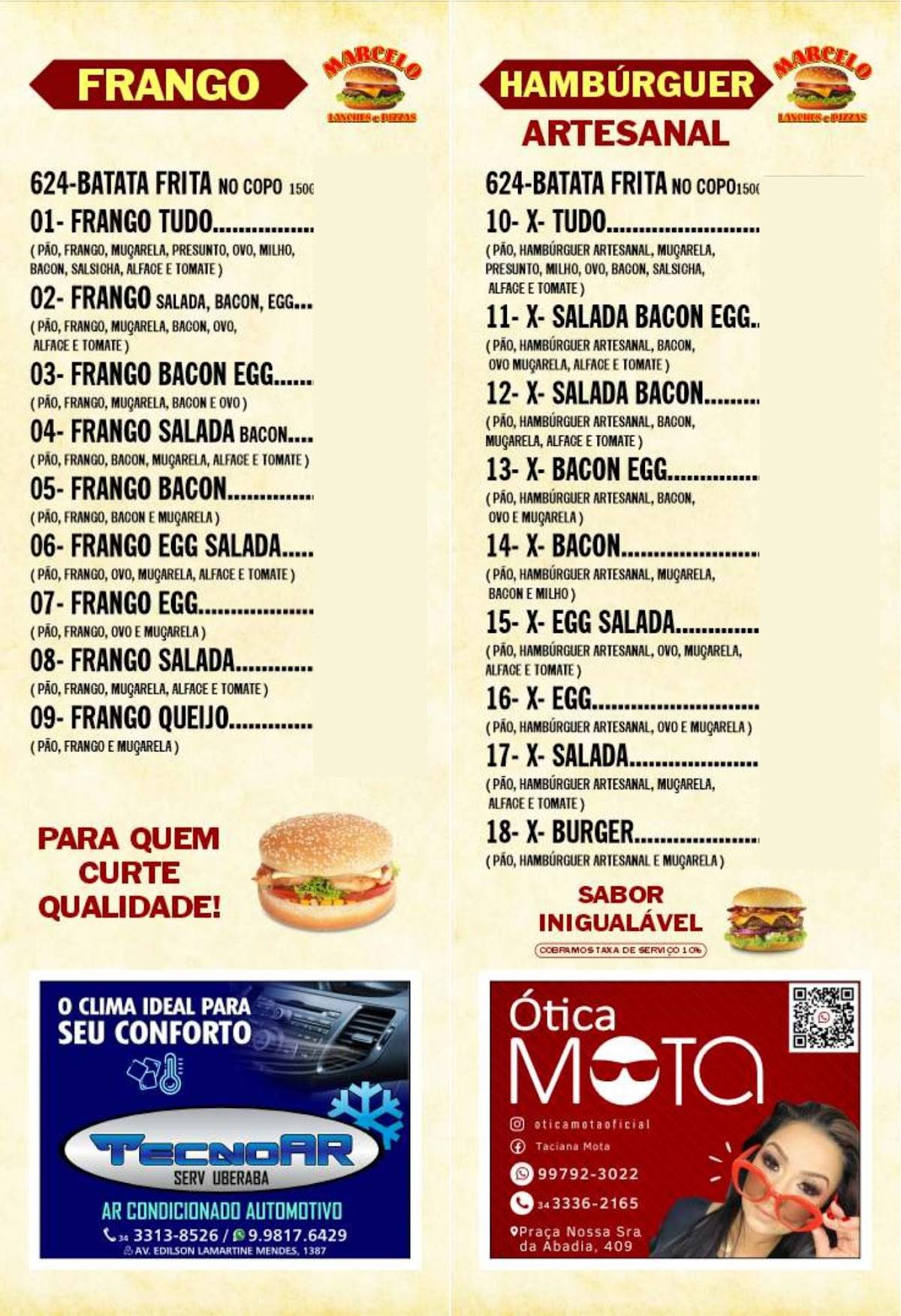 Marcelo Lanches Hamburgueria e Pizzaria cardápio