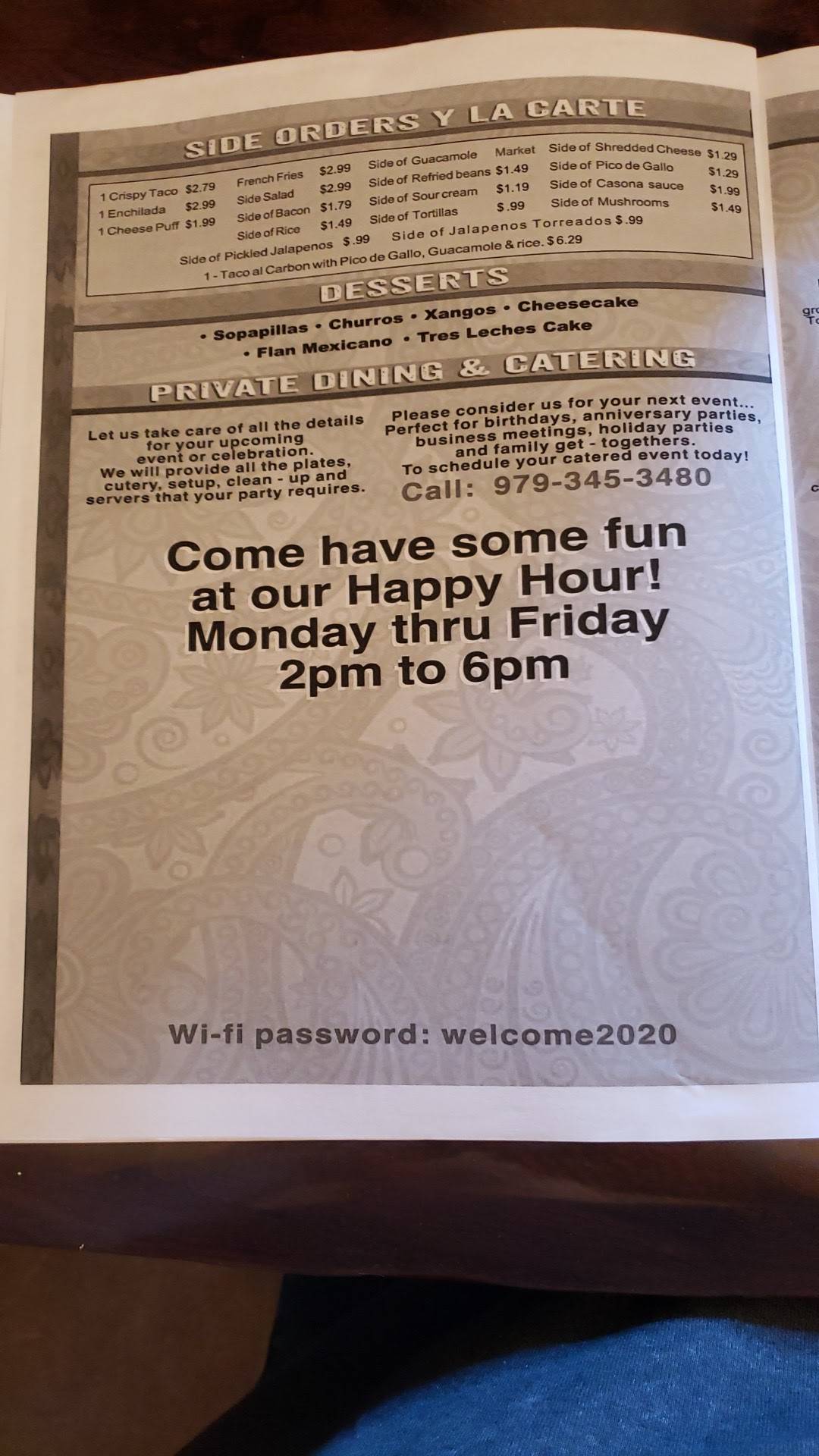 Menu at Margarita Jones TexMex restaurant, West Columbia