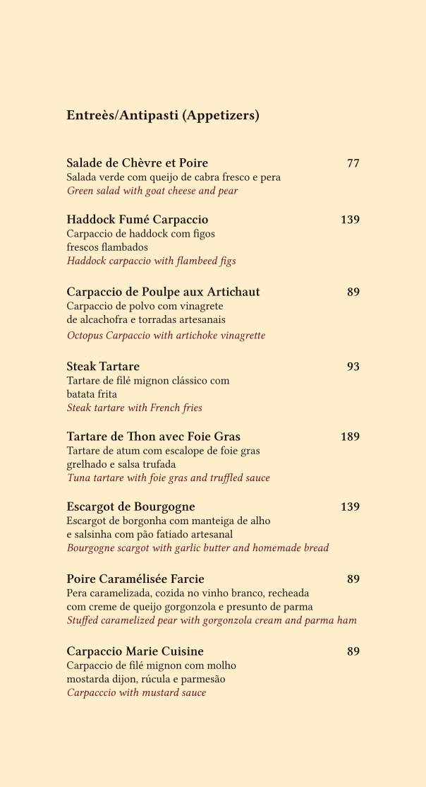 Marie Cuisine: Vinhos, Massas, Sobremesa, Bistrô, Brasília DF cardápio