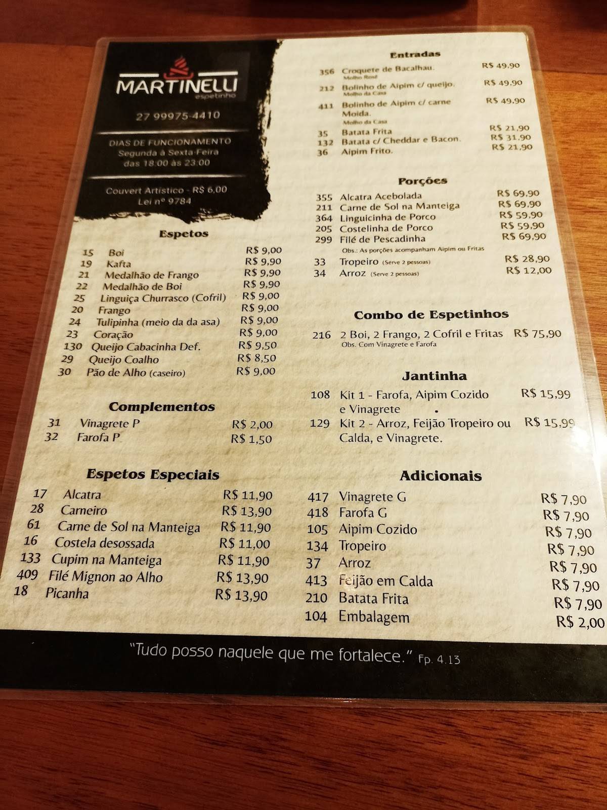 Martinelli Espetinho cardápio