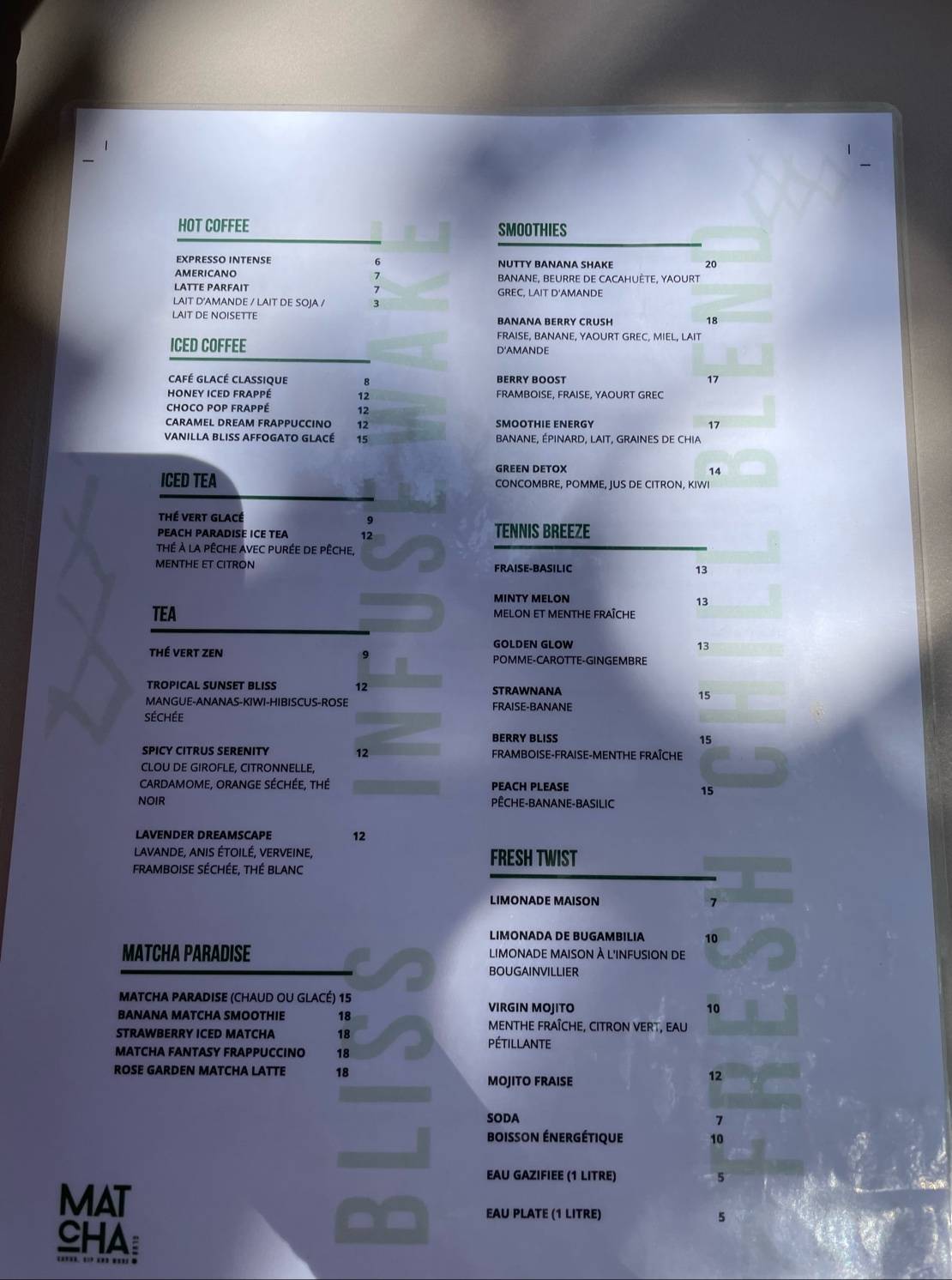 Menu de Matcha Club Carthage