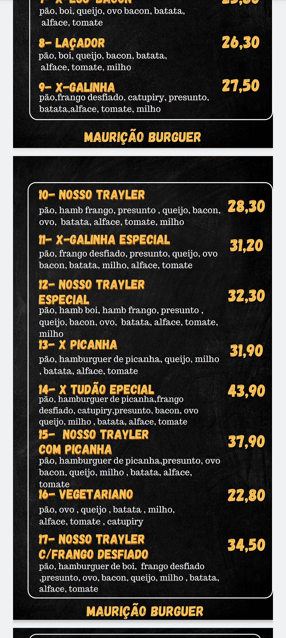 Maurição burguer cardápio