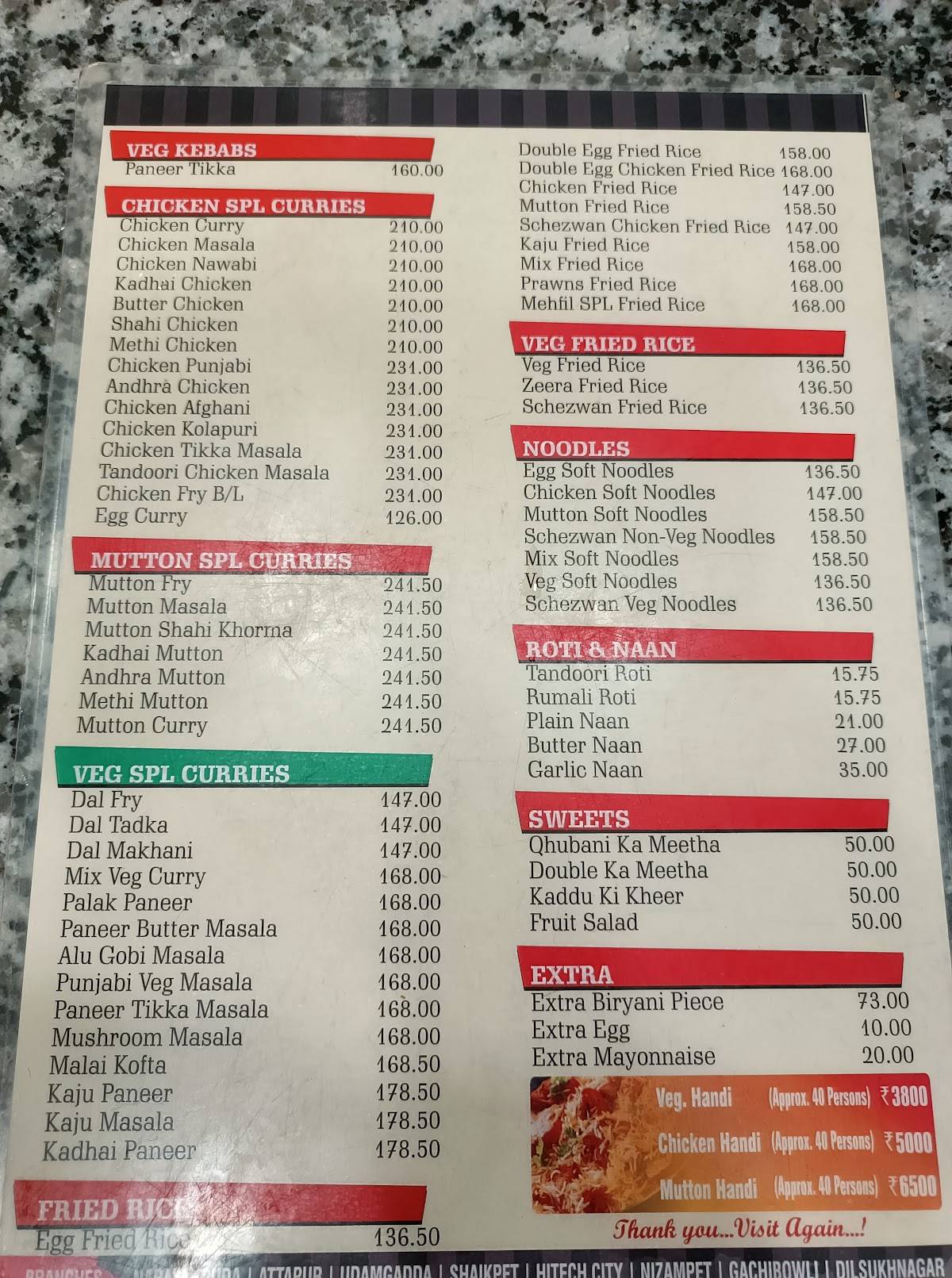 Mehfil Restaurant - Shaikpet menu