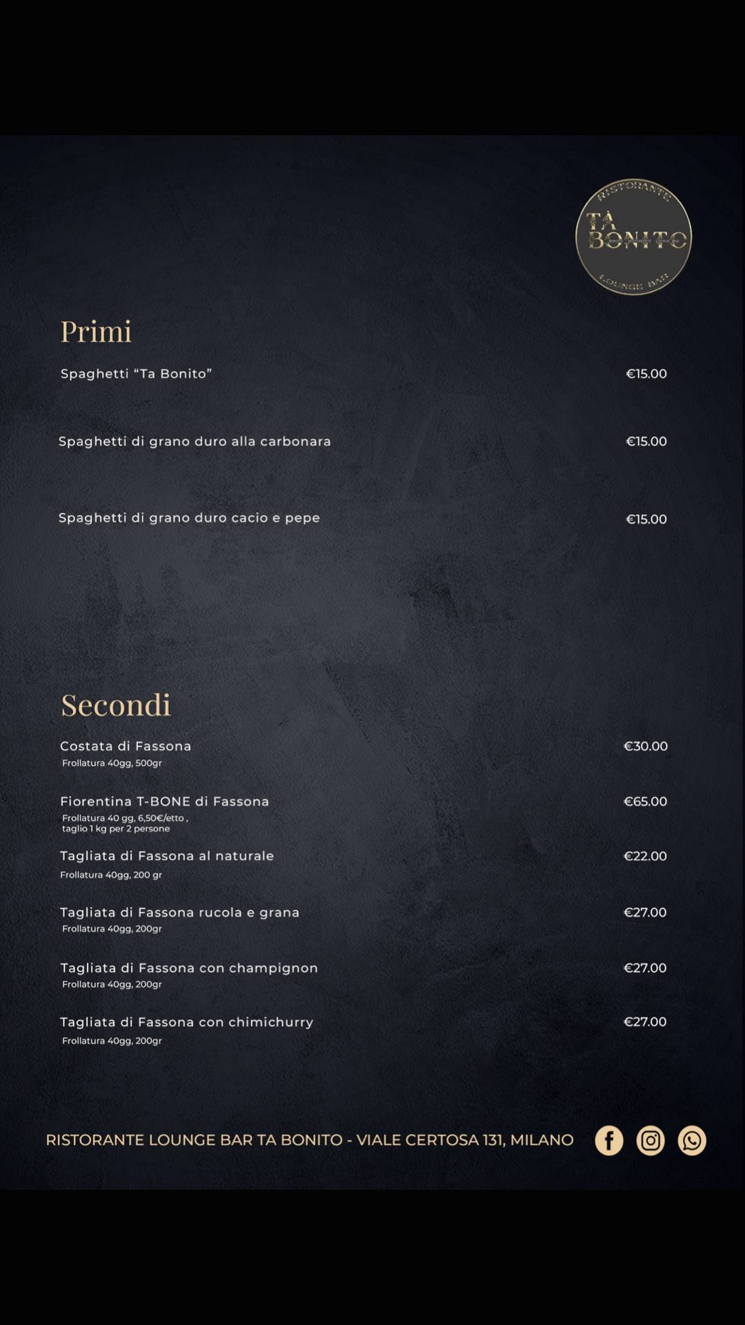 Menu de Ta' Bonito Ristorante