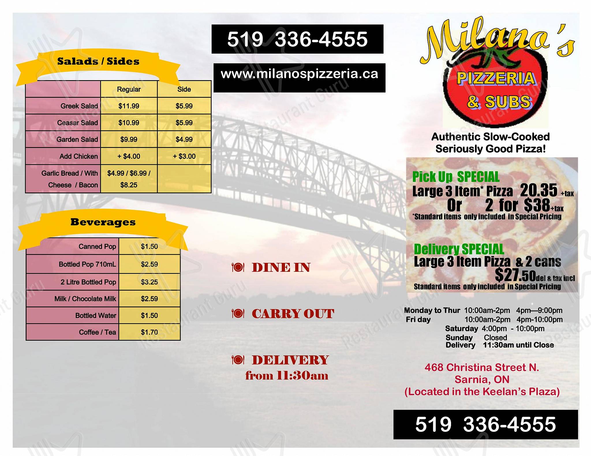 Menu at Milano's Pizza Sarnia pizzeria, Sarnia