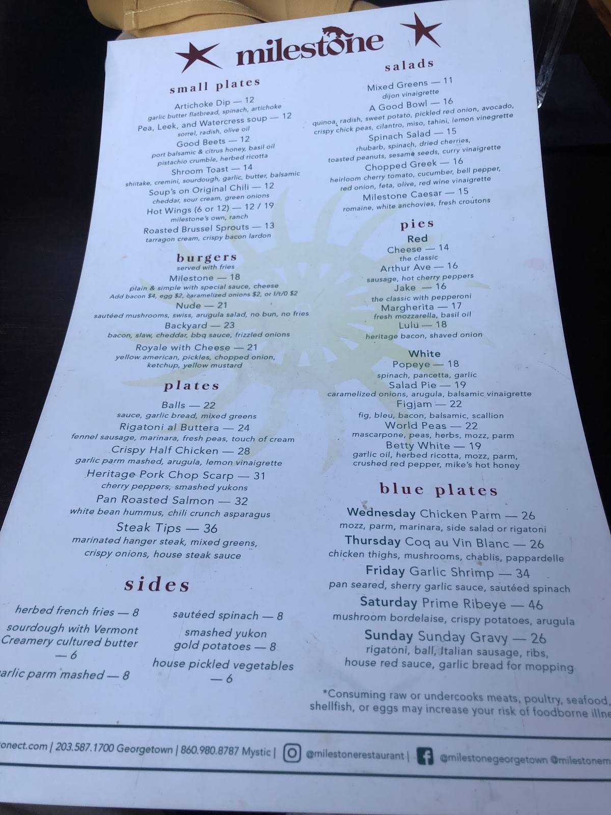 Menu at Milestone Restaurant - Mystic, Groton