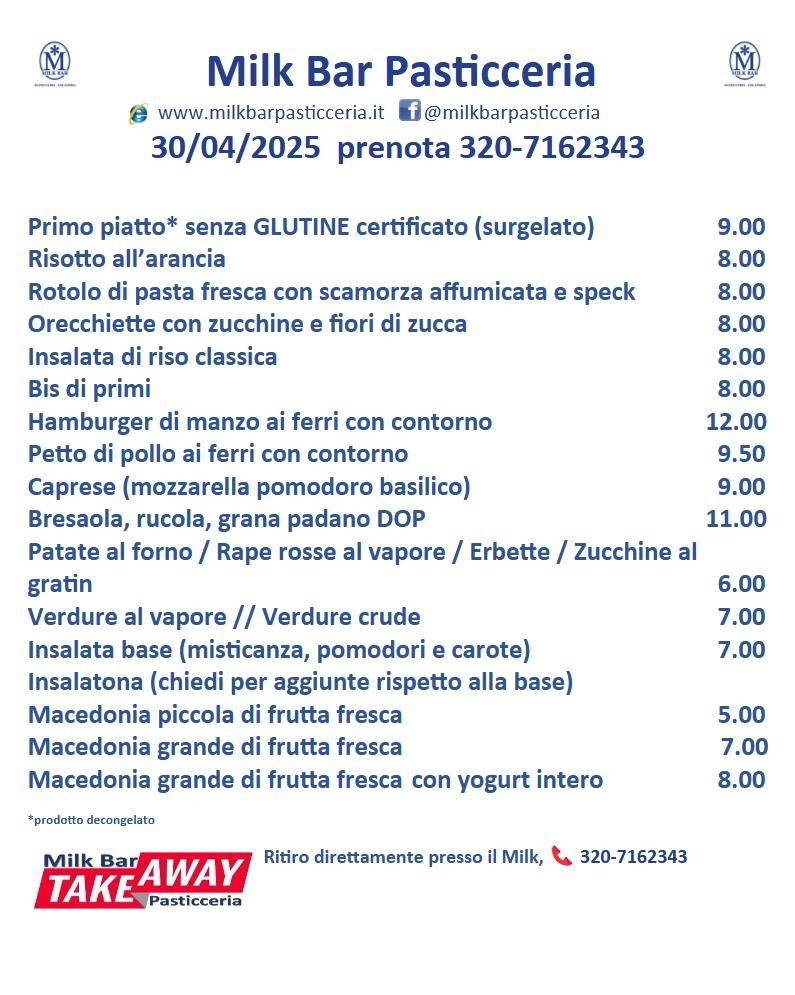 Menu di Milk Bar Pasticceria Rinfreschi Buffet 