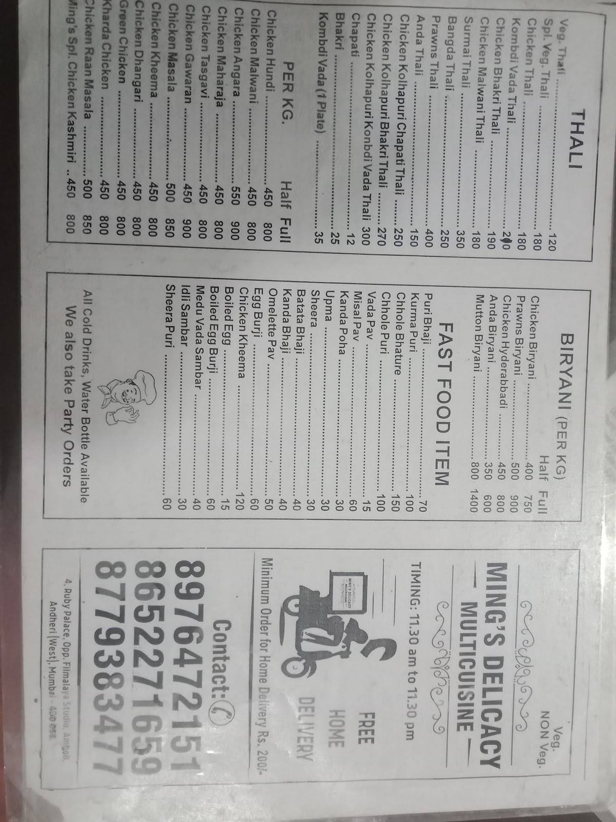 Ming's Delicacy Multicusine menu