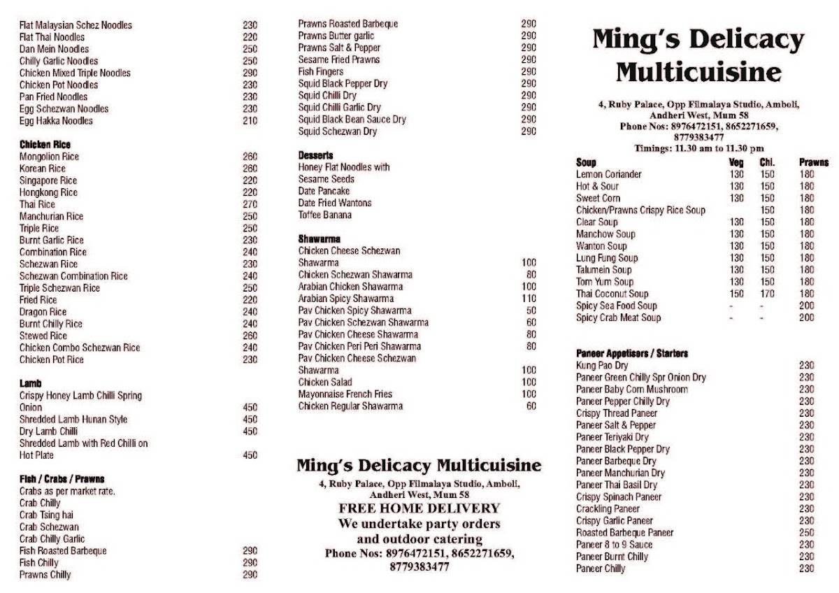 Ming's Delicacy Multicusine menu