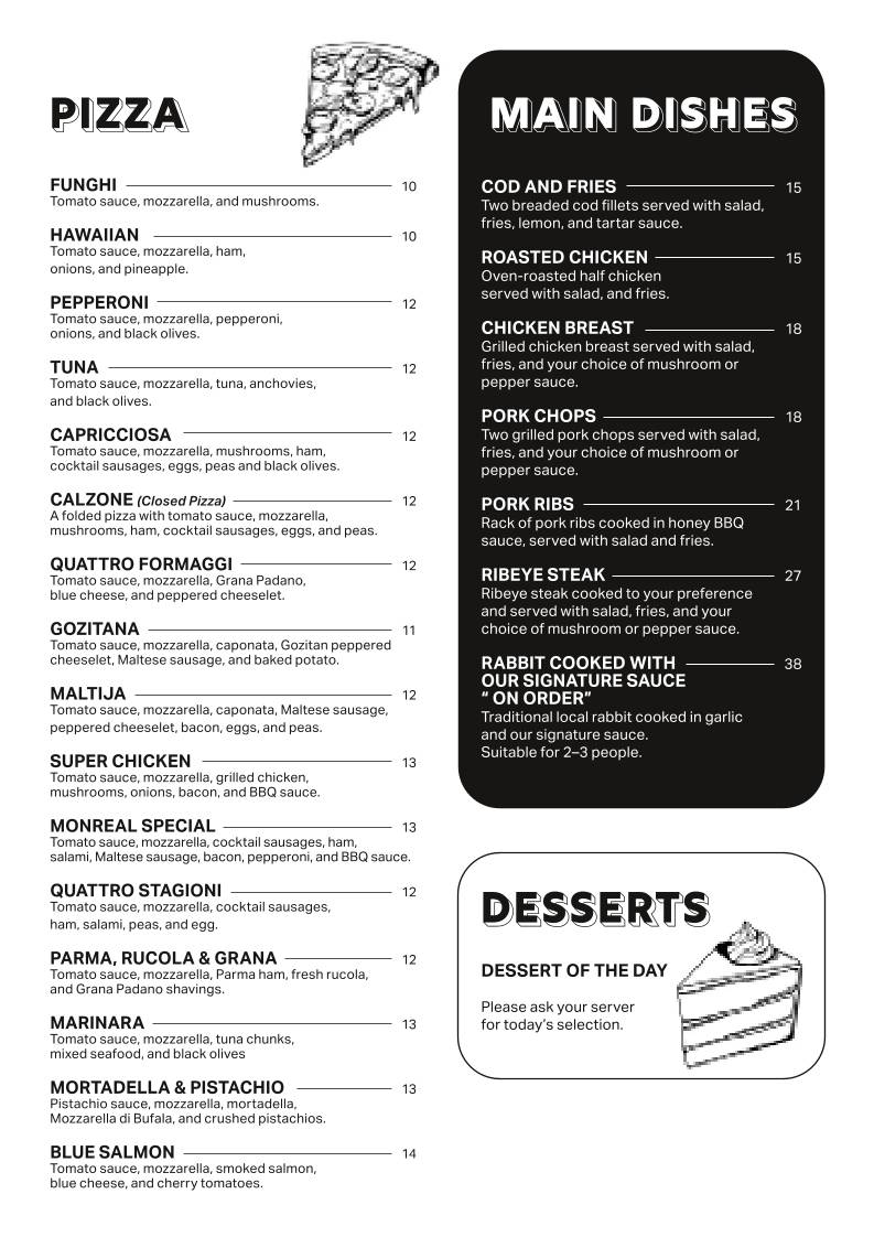Menu au Monreal Pizza & Grill restaurant, Ħ'Attard