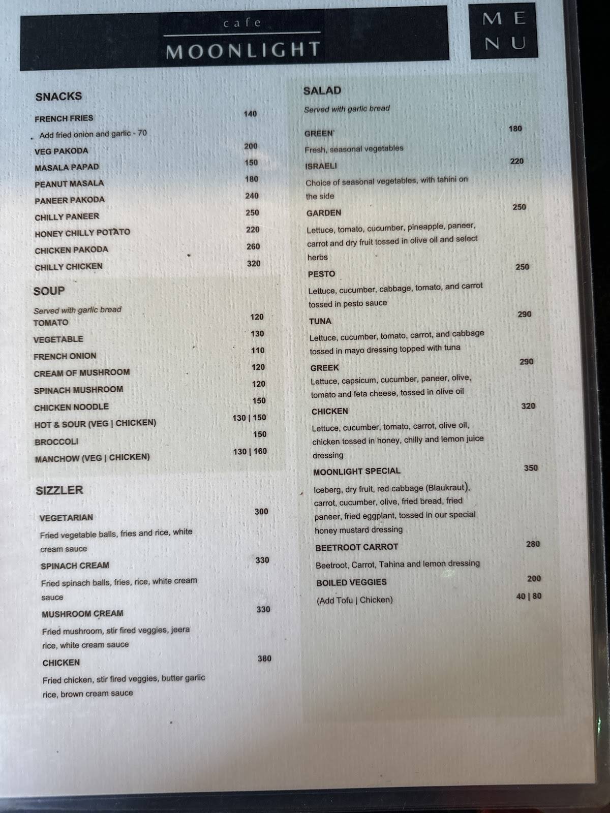 Moonlight Cafe menu