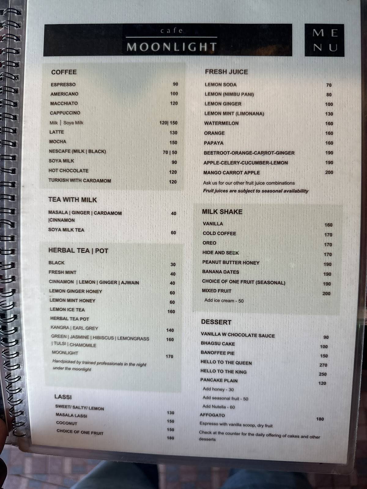 Moonlight Cafe menu