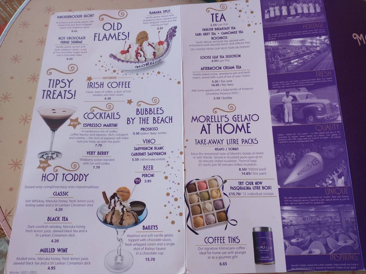Menu at Morelli's Gelato cafe, Broadstairs