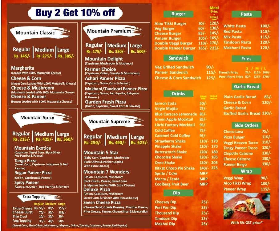 Mountain'S PIZZA club, Solan menu