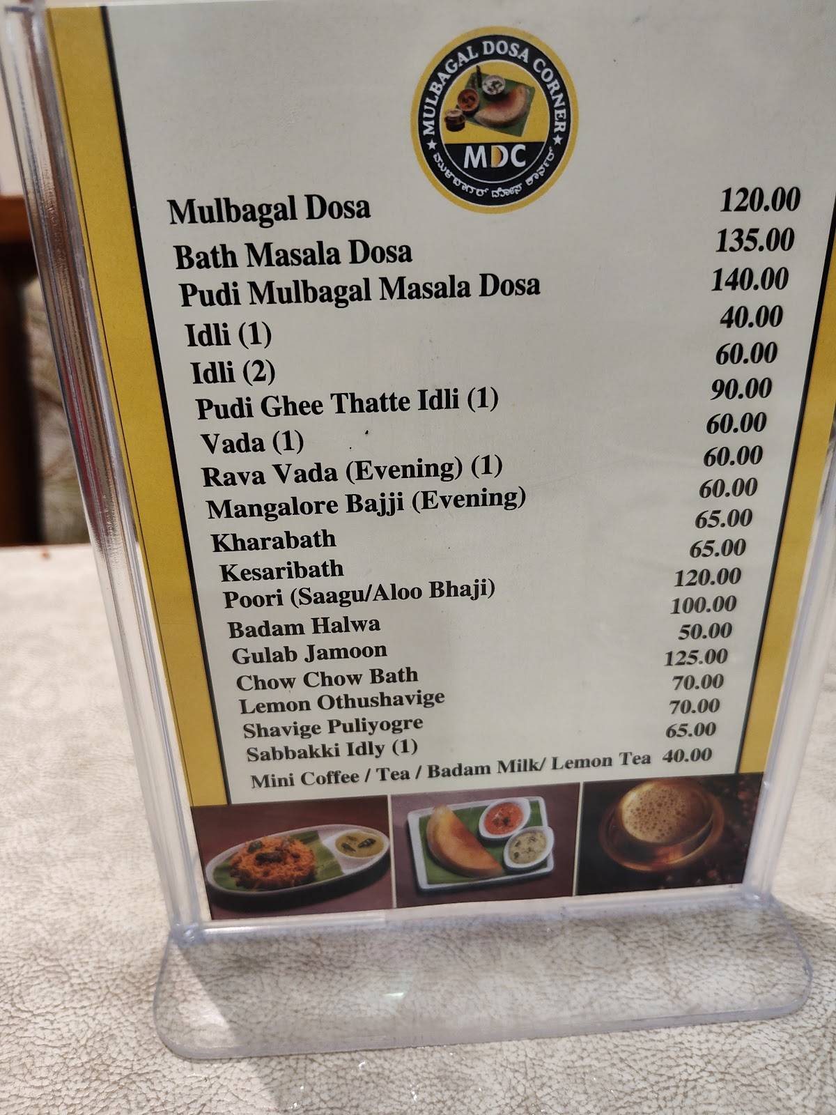 Mulbagal Dosa Corner, Mysuru menu