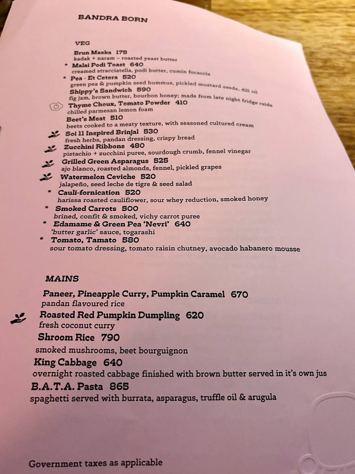 BANDRA BORN menu
