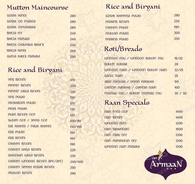 Cafe Armaan menu