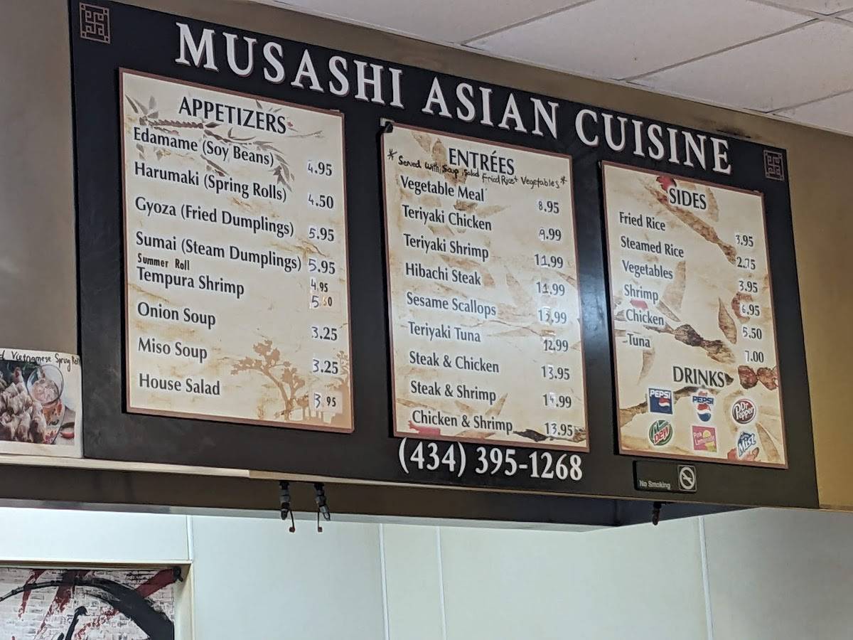 Menu at Musashi Asian Cuisine restaurant, Farmville