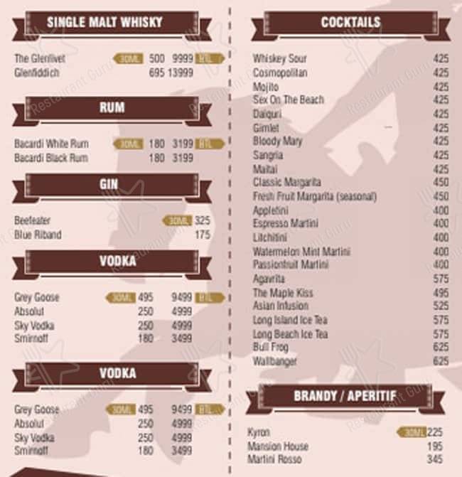 Mustang Terrace Lounge menu