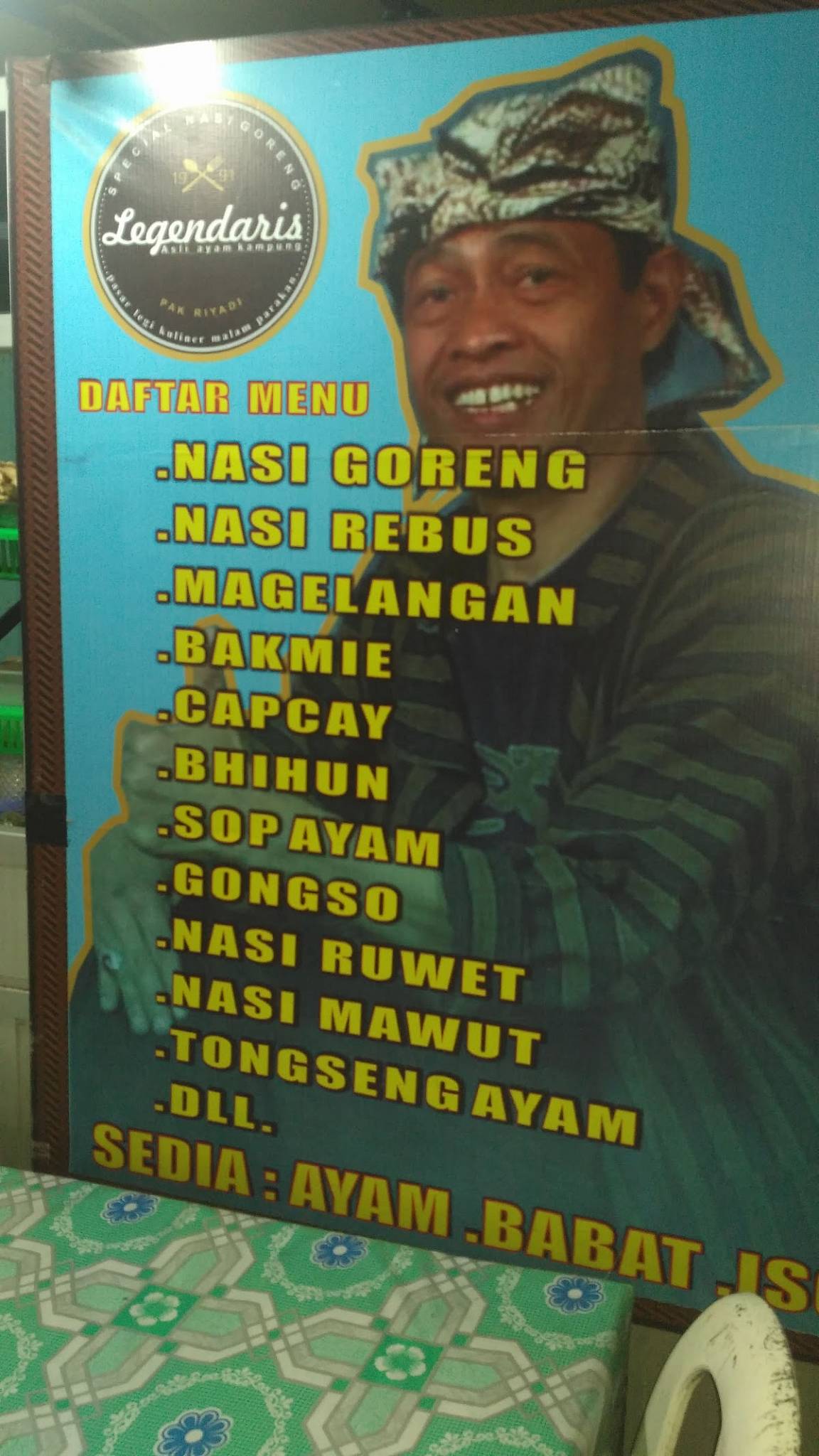 Menu at NASI GORENG LEGENDARIS restaurant, Indonesia