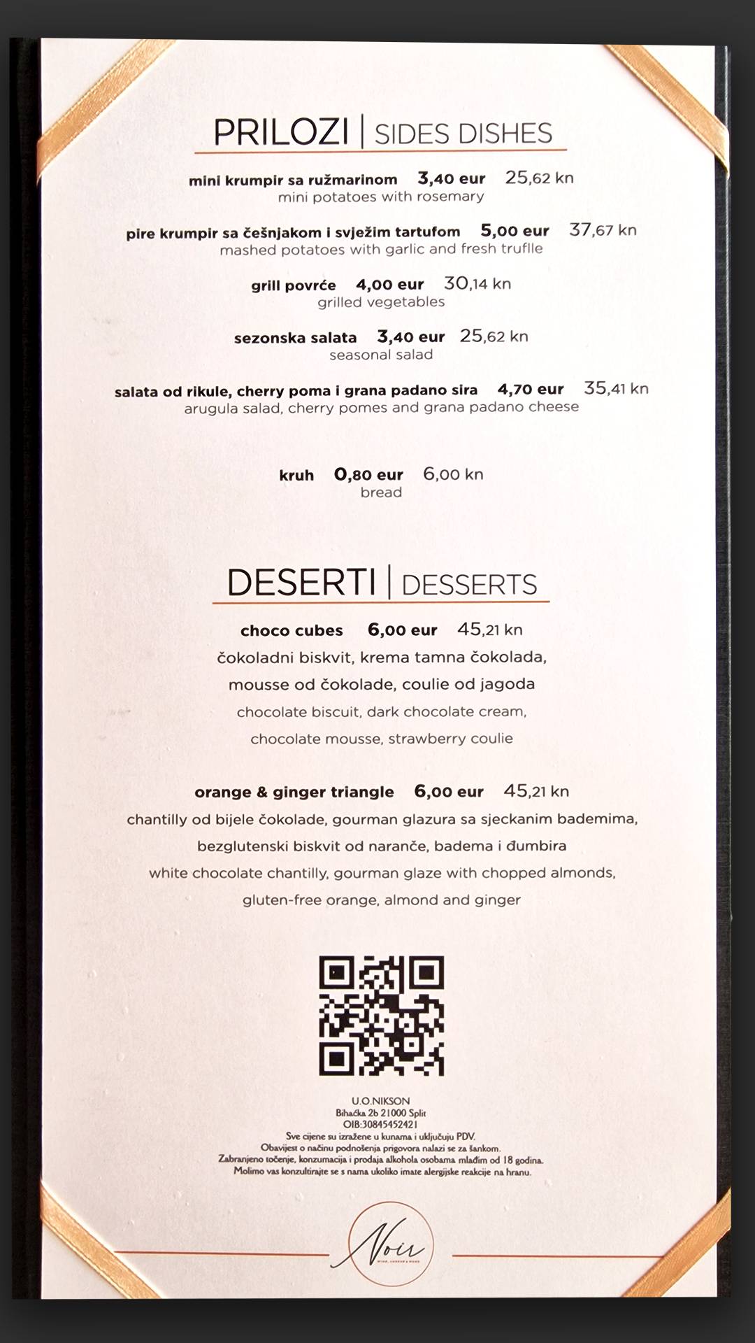 Menu di NOIR RESTAURANT SPLIT 