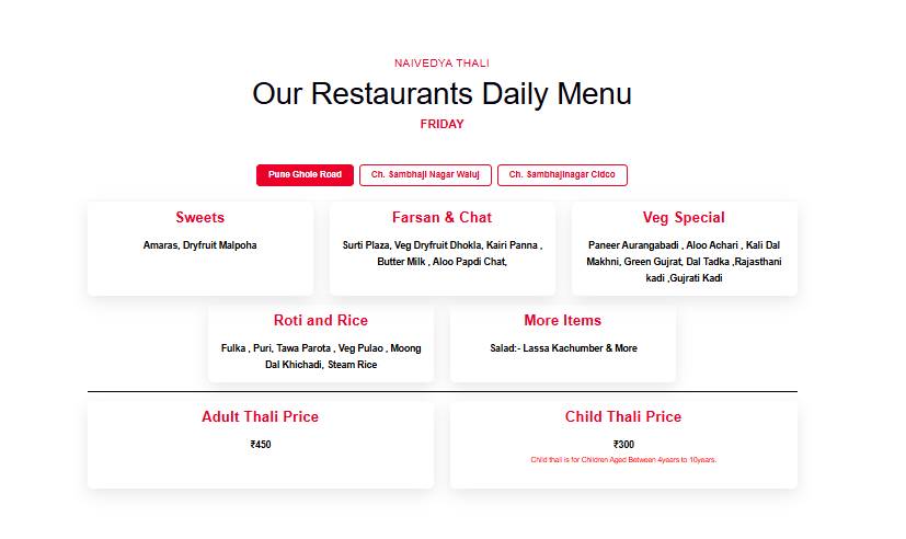 Naivedya Thali Restaurant menu