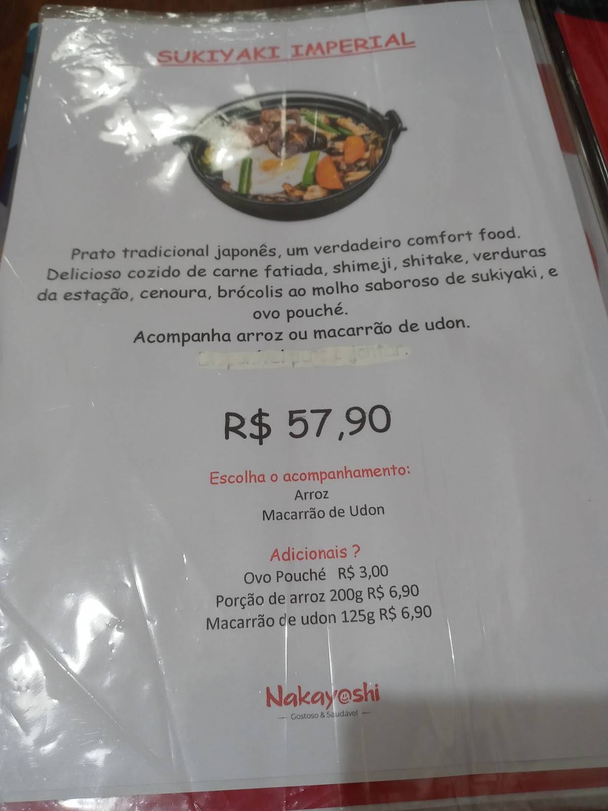 Nakayoshi Restaurante Japonês e Mercado Oriental cardápio