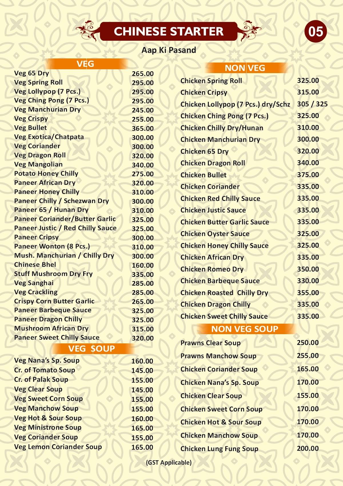 Nana's Restaurant menu