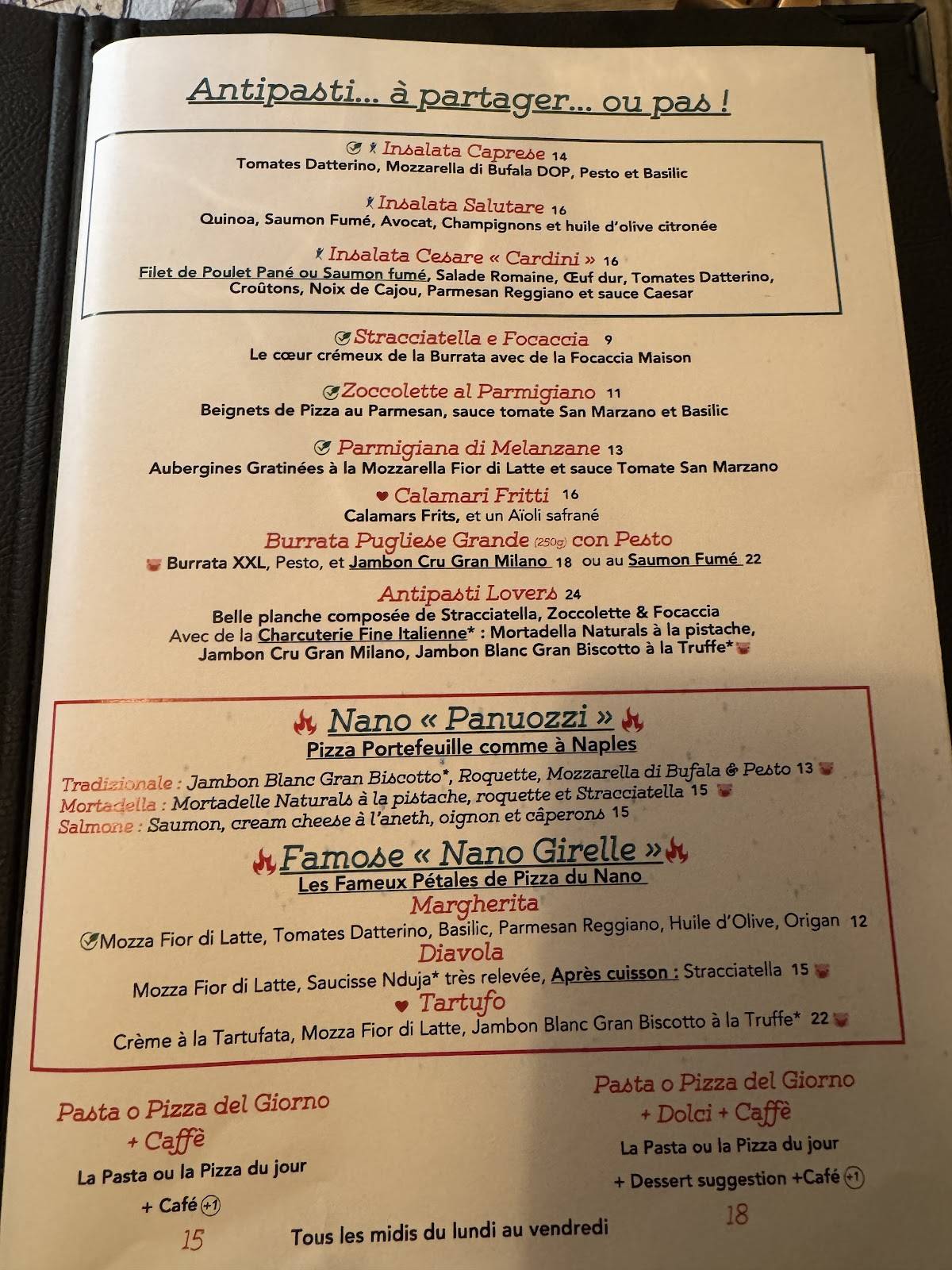 Menu de Nano Marais - Paris