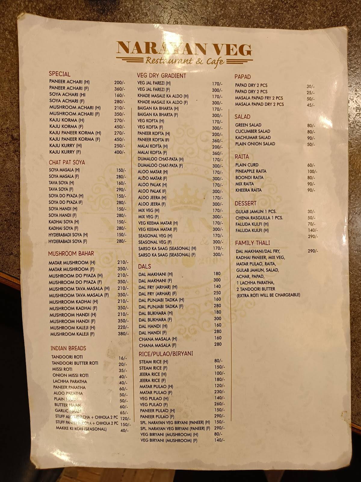 Narayan Veg menu