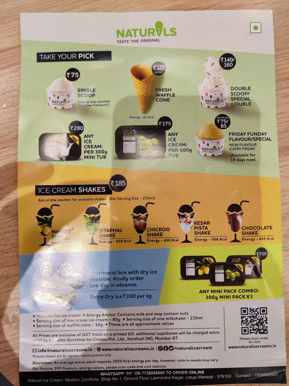 Naturals Ice Cream menu