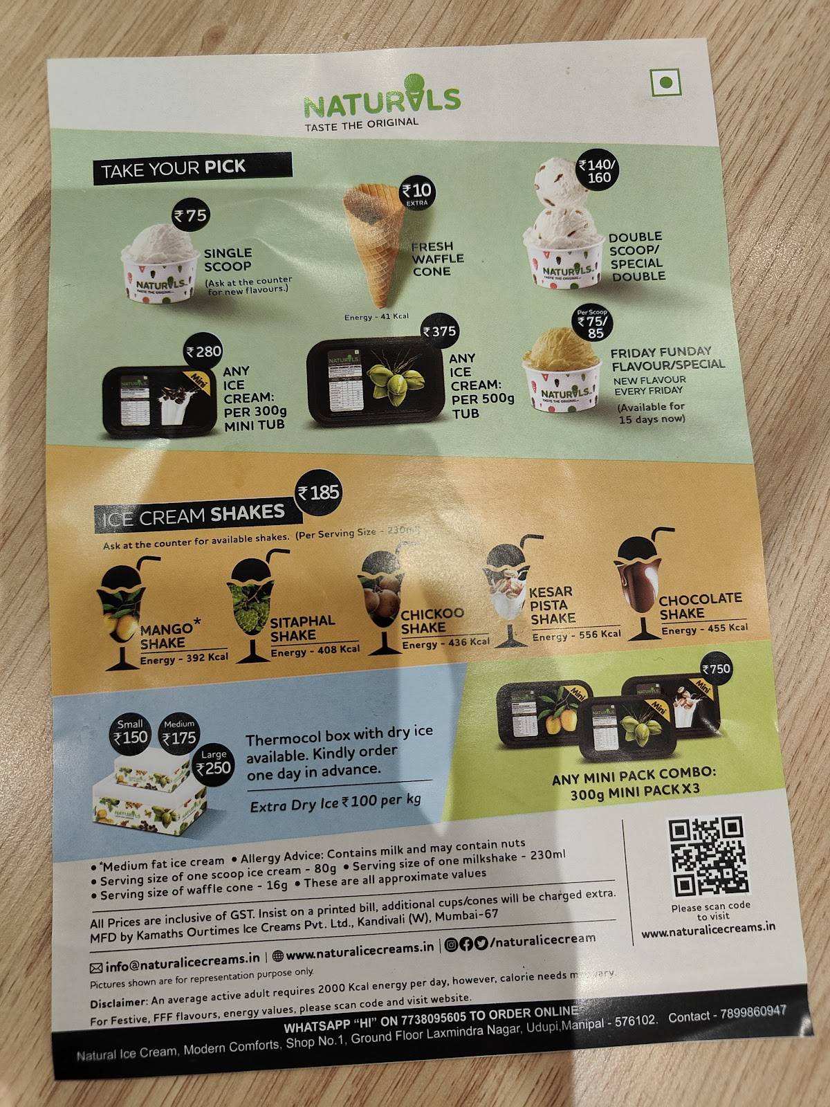 Naturals Ice Cream menu