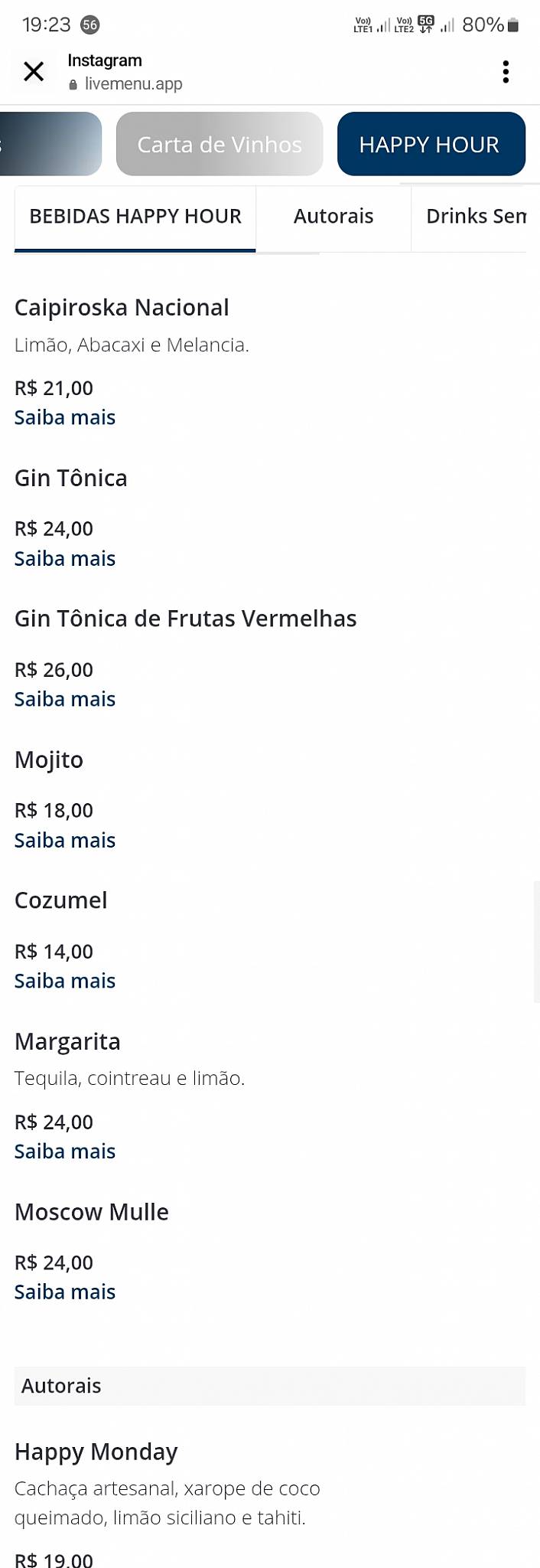 Nau Frutos do Mar Lago DF cardápio