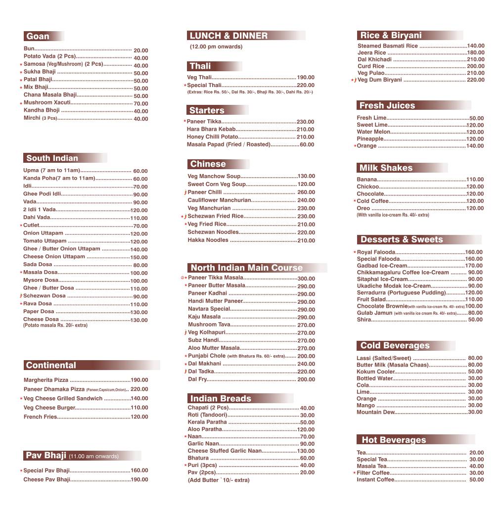 Navtara Veg Restaurant menu
