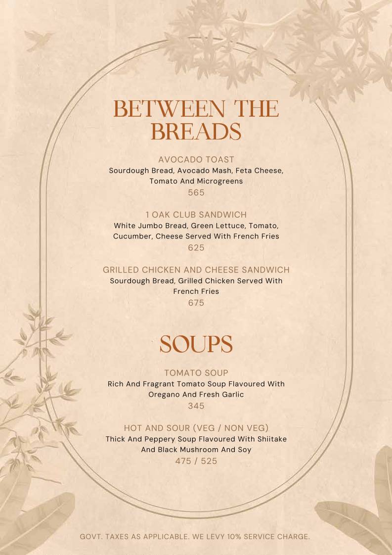 1 Oak menu