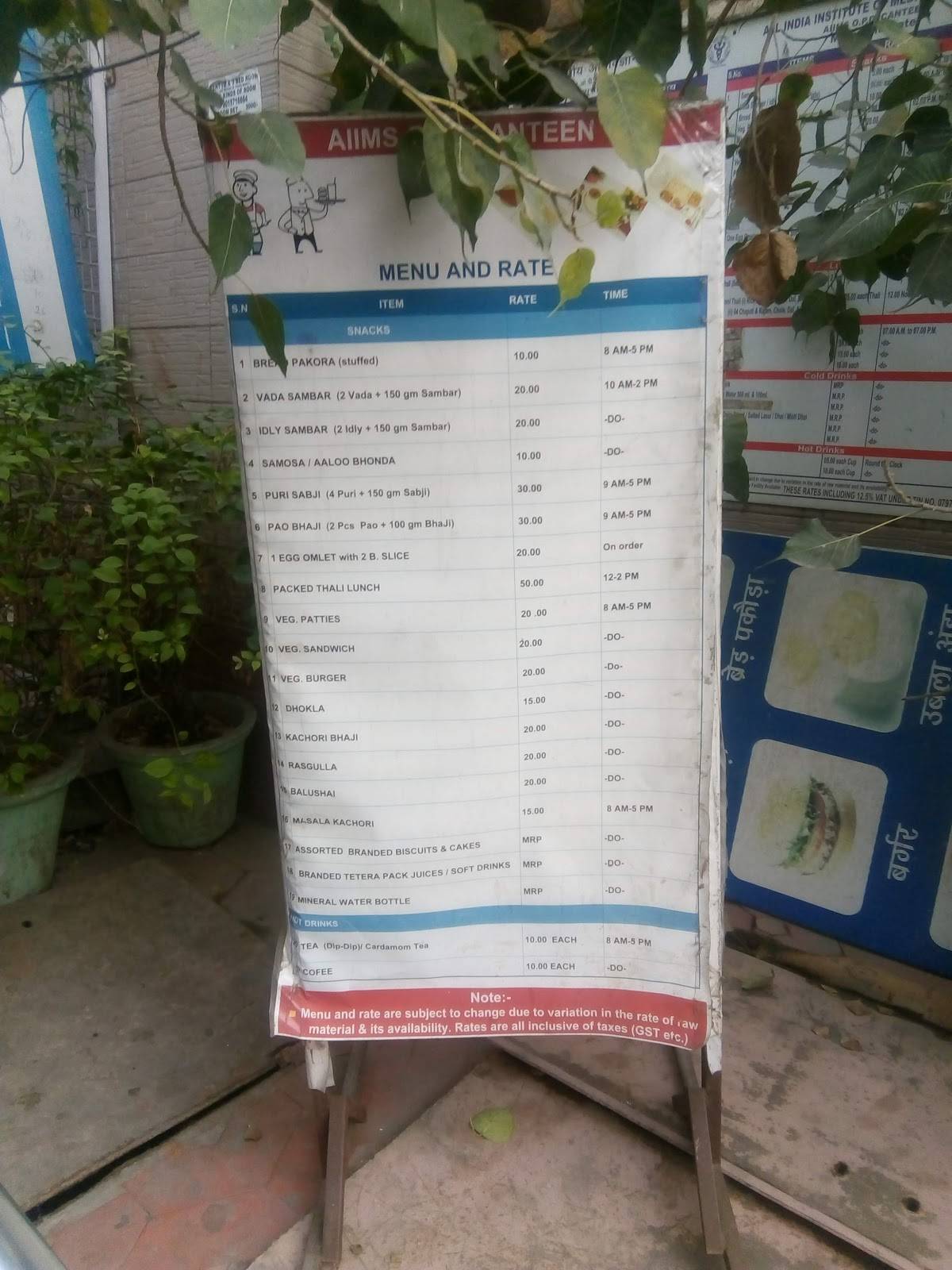 Menu at AIIMS OPD canteen, New Delhi