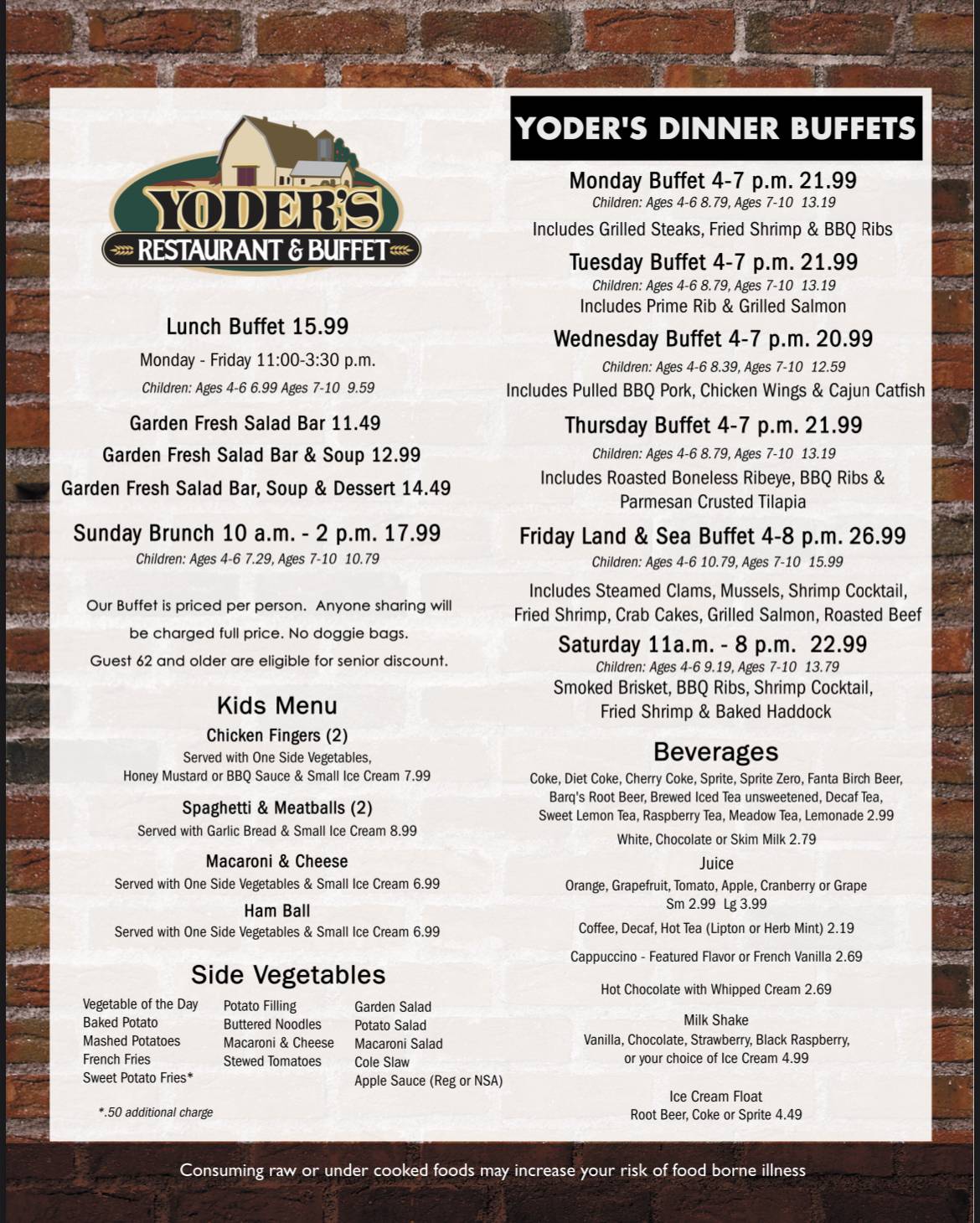 Menu at Yoder's Restaurant & Buffet, New Holland