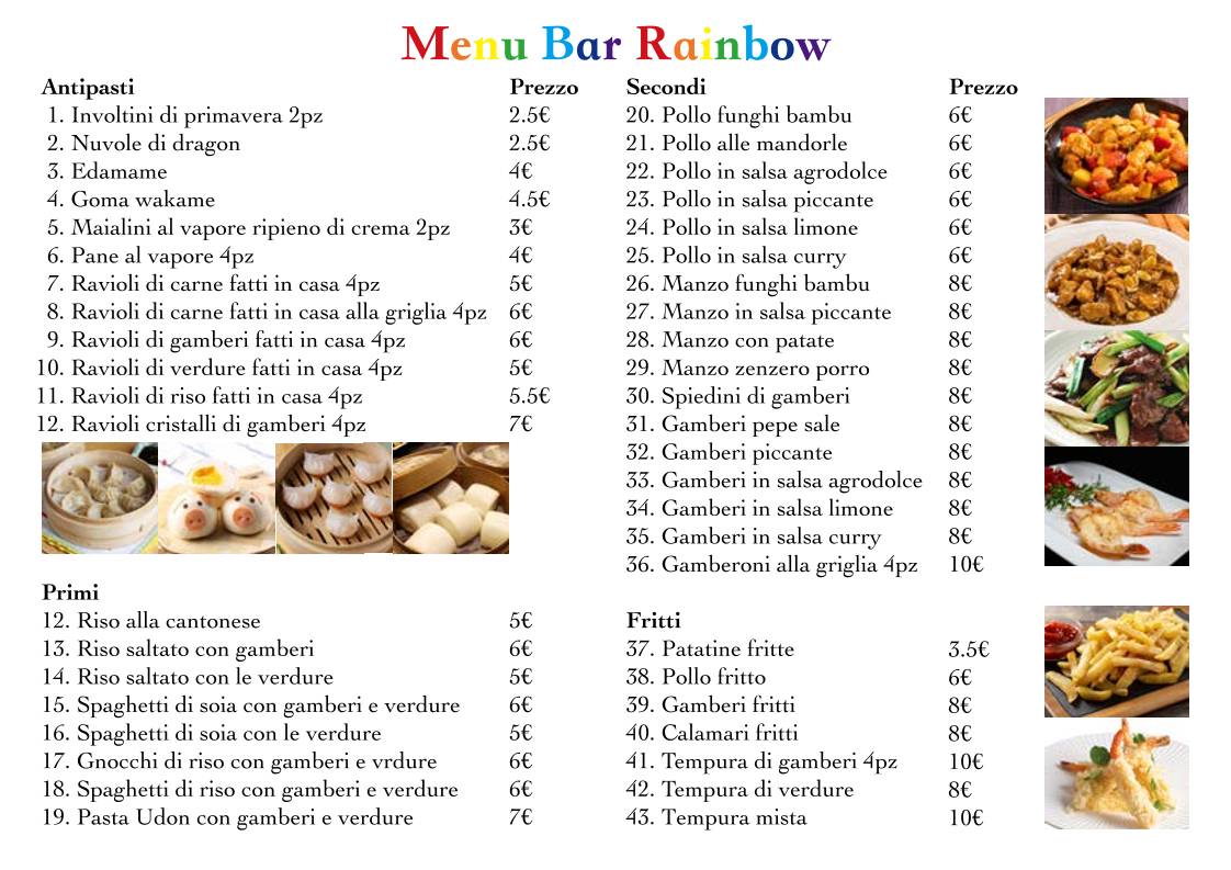 Menu di Rainbow Bar Nuova apertura 