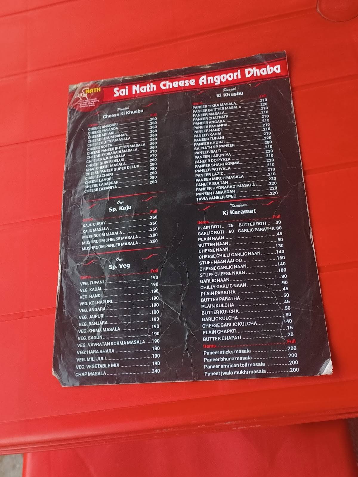 New Sai Nath Cheese Angoori Dhaba menu