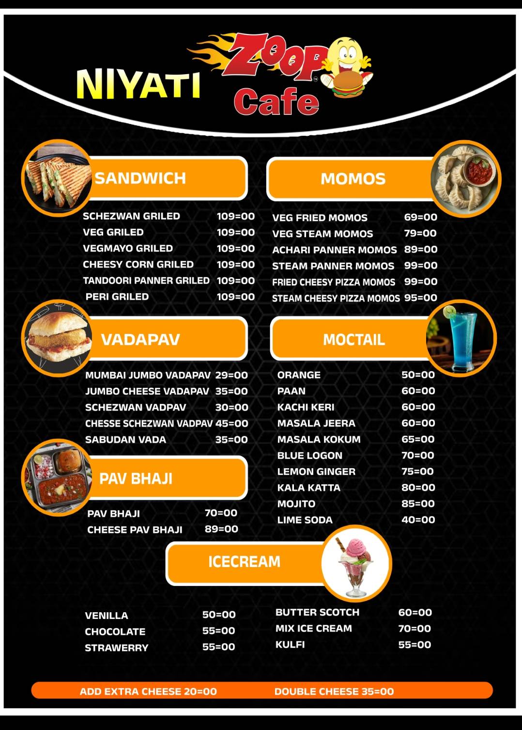 Niyati Zoop cafe menu