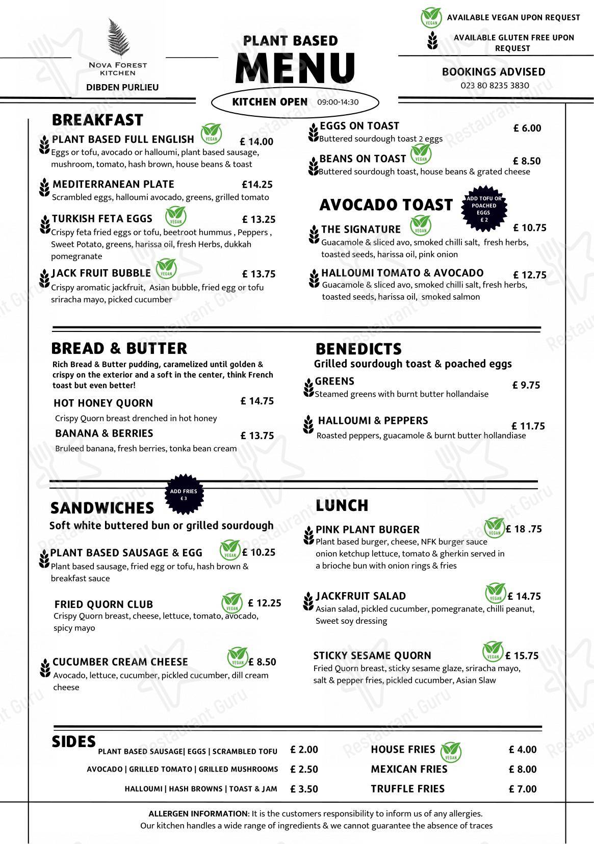Menu at Nova forest kitchen restaurant, Southampton