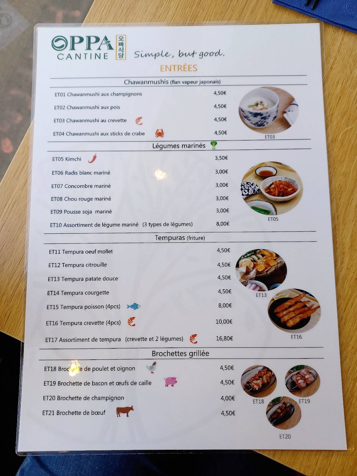 Menu de OPPA CANTINE